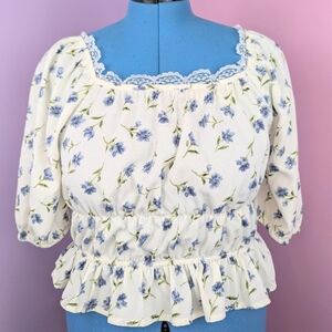 Shein Curve White & Blue Floral Peasant Crop Top